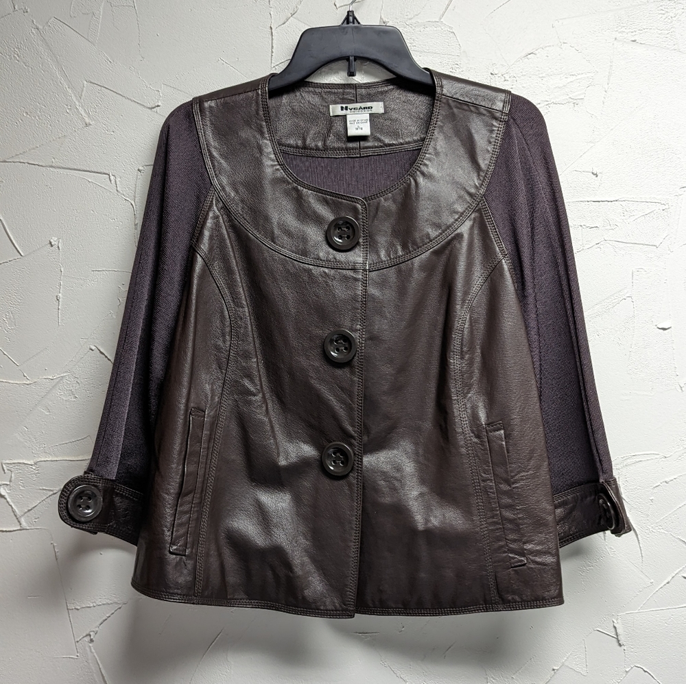 Nygard Collection Brown Pewter Leathe Rib Knit Jacket Cardigan Women L 14-16